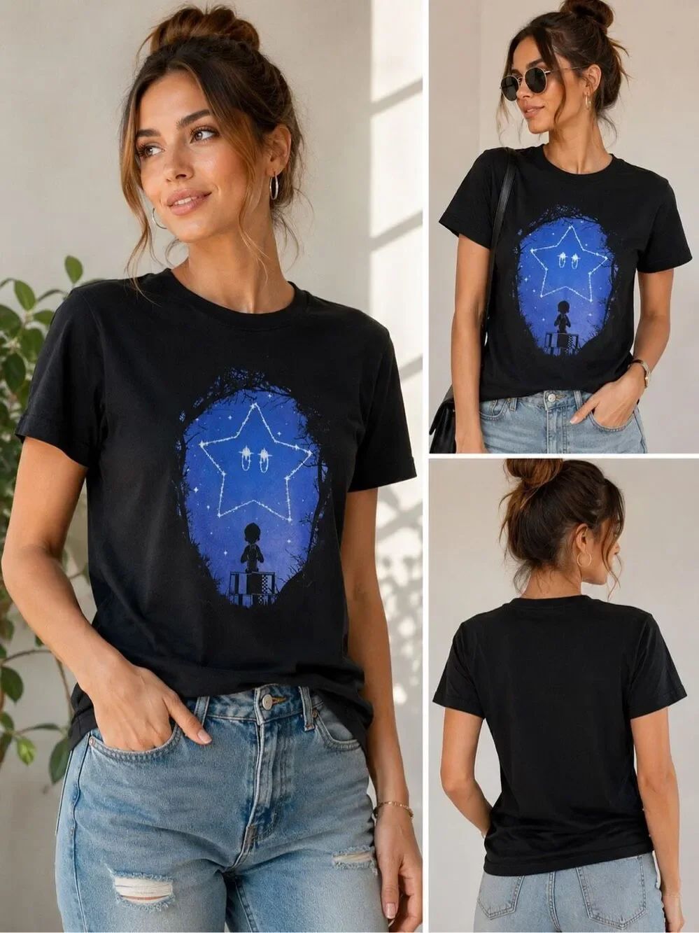 Roxy Black Graphic T Shirt Blue Star Night Sky Fantasy Print Cotton Size M